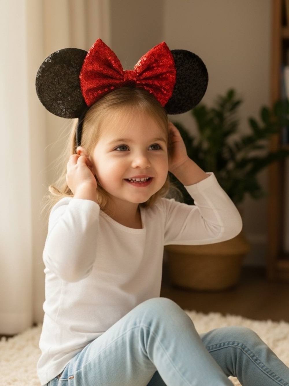 Disney Black Minnie Ears Headband with Red Sequin Bow